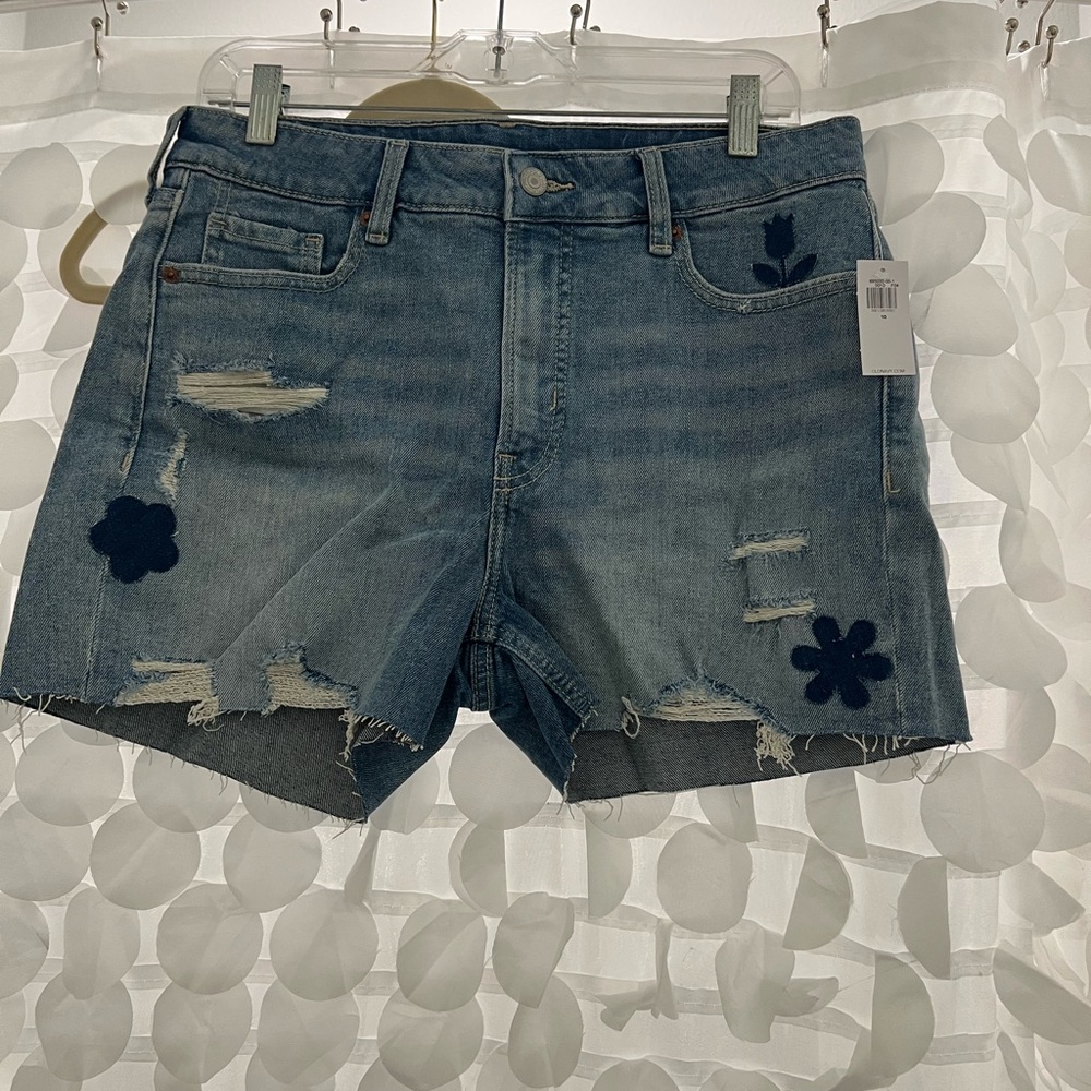 Old Navy Blue Distressed Floral Jean Shorts, high rise, 3” inseam